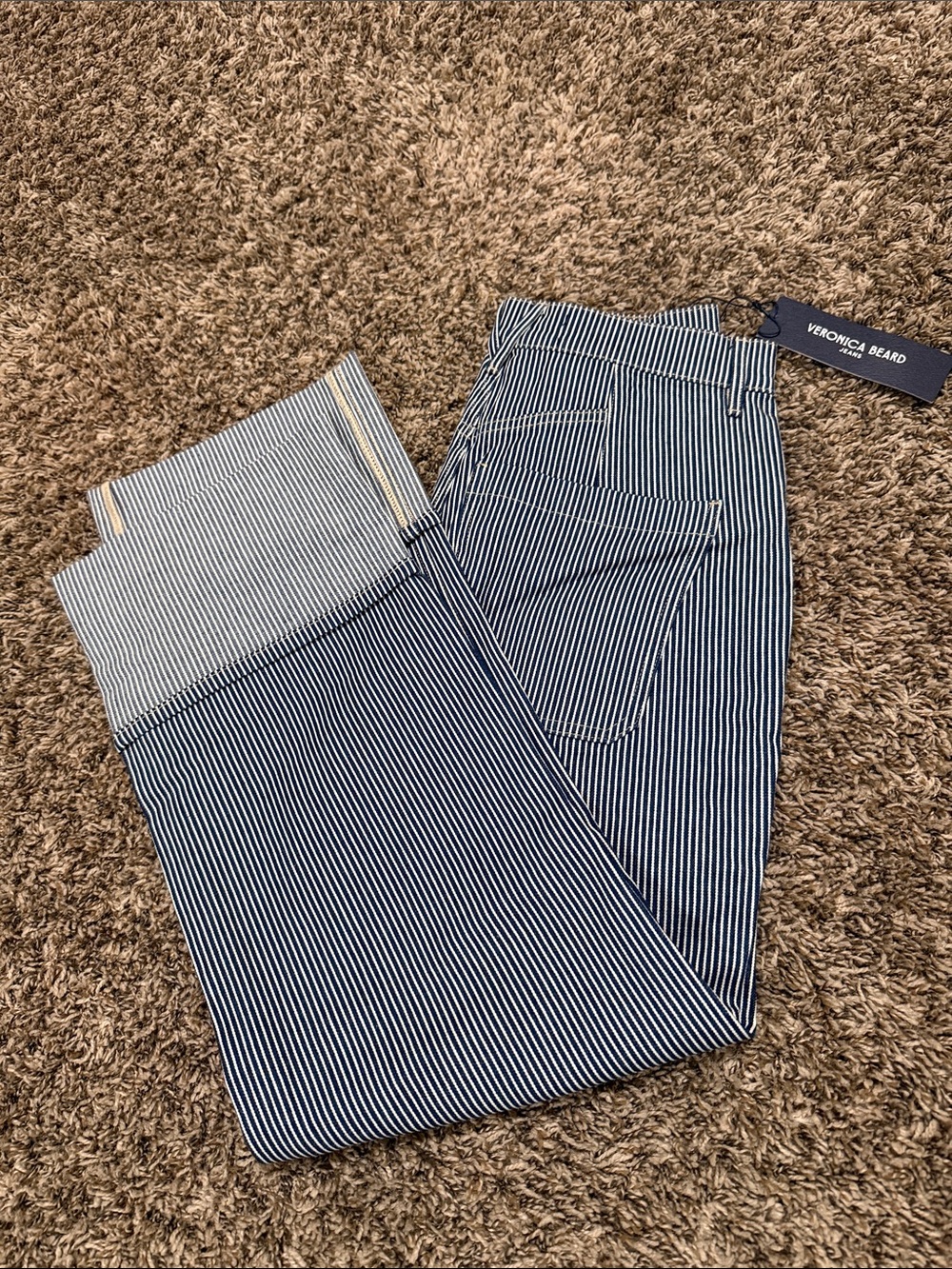 Veronica Beard Navy and White Pinstriped Straight-Leg Jeans